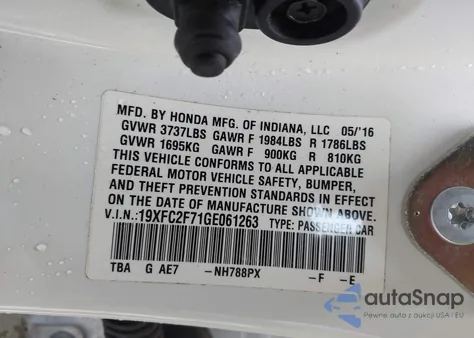 2016 Honda Civic Ex из США, поврежденный, VIN 19XFC2F71GE061263